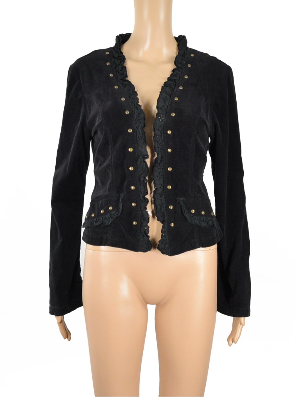Vintage Y2K Black Corduroy Ruffle Studded Military Victorian Goth Punk Jacket